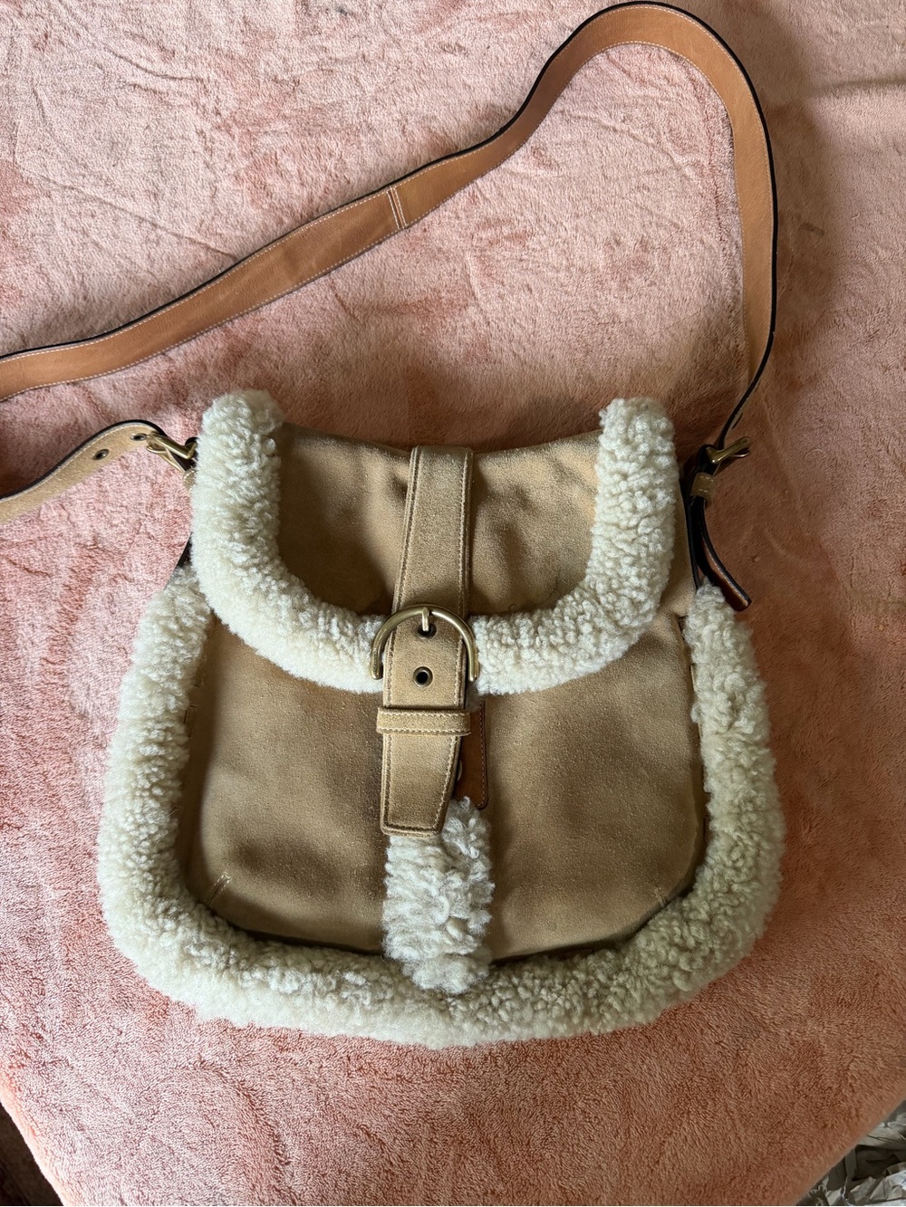 Coach Tan Shearling-Trim Suede Shoulder Bag